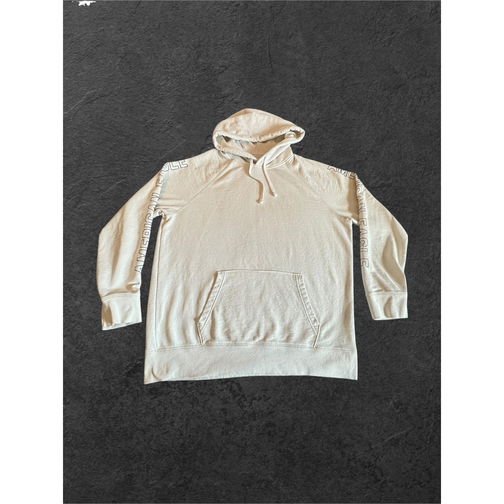 American Eagle Hoodie Mens XL Cream Sleeve Logo Pullover Sweatshirt